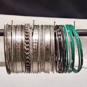 Lot of 20 Mixed Metal & Emerald Green Bangle Bracelets